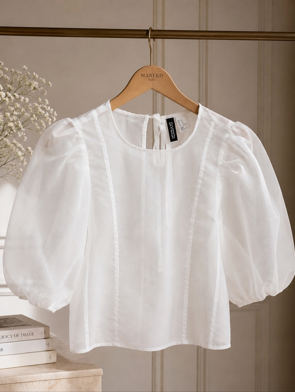 Divided White Sheer Puff-Sleeve Tie-Back Blouse